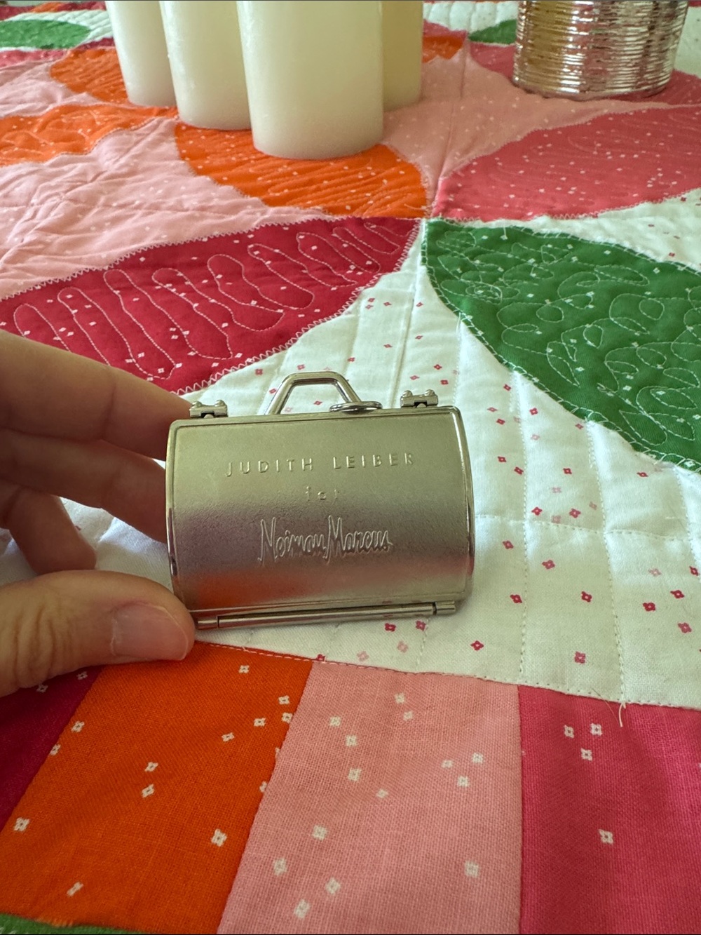 Judith Leiber Silver Mini Purse Charm with Norman Marcus Logo